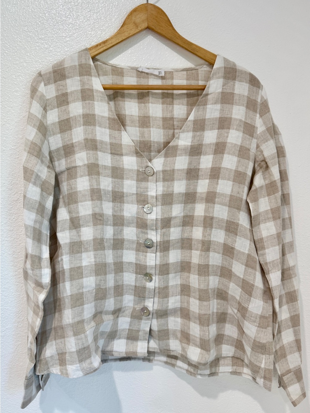 Mango Tan White Gingham Check 100% Linen V Neck Blouse Coastal Grandma Clean L